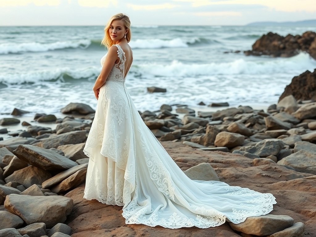 A bride in a high-low hem dress with lace detail standing on a beach, with waves in the background.