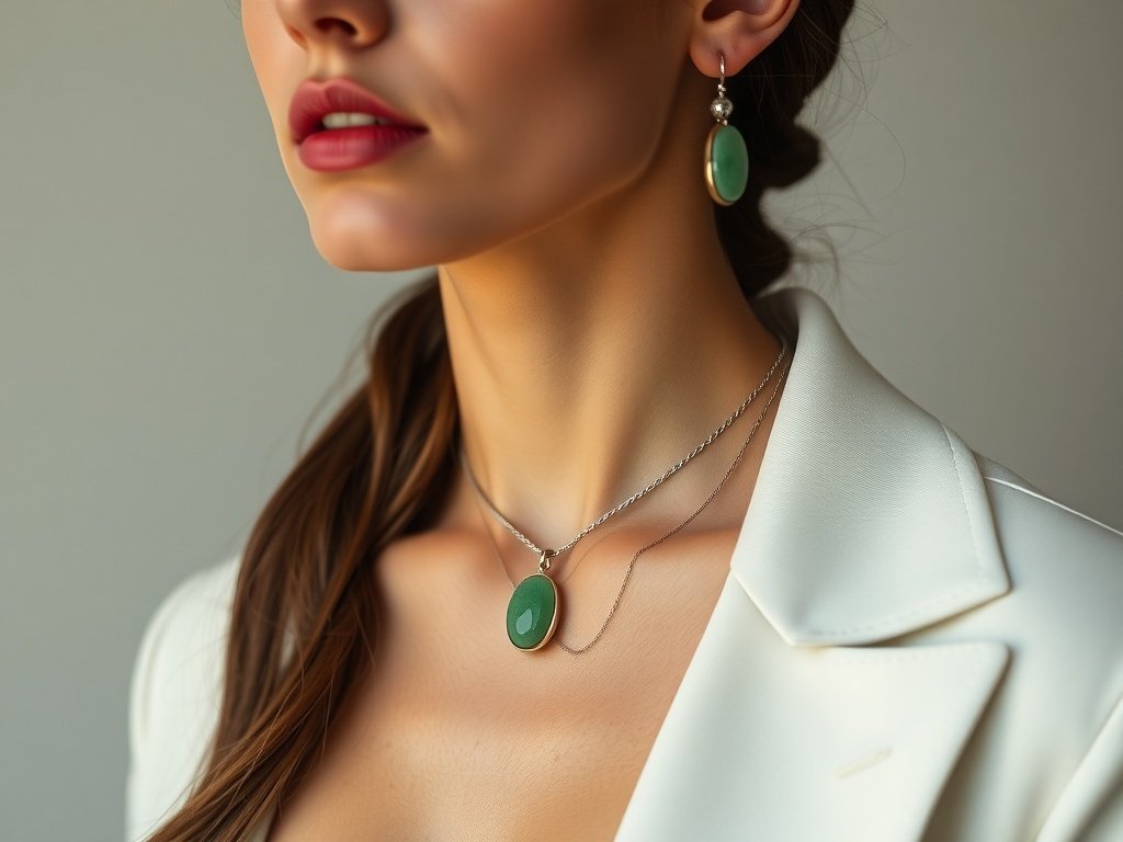 Modern jade jewelry set featuring a slim chain necklace with an oval pendant and matching drop earrings.