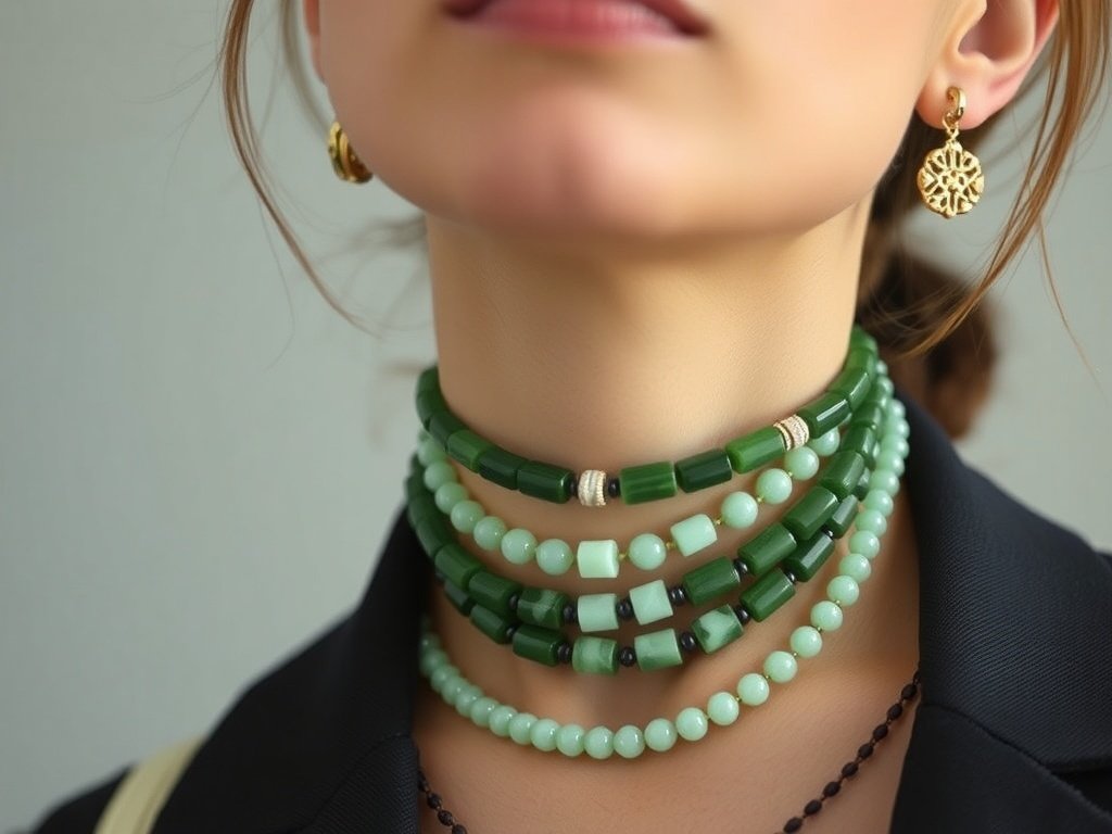 Multi-strand jade choker and delicate bracelet set showcasing modern jewelry design.