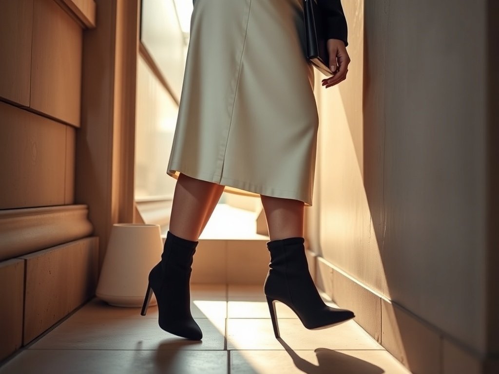 A woman wearing black minimalist sock boots with a midi skirt, showcasing a stylish fall outfit.