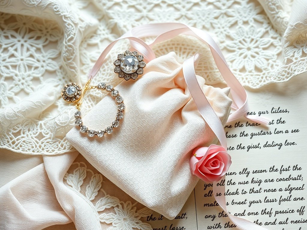 A soft pouch made of lace and organza, styled with jewelry and a rose on a lace backdrop.