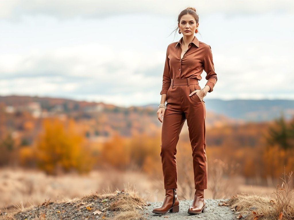 Fashion model in a stylish jumpsuit with fall accessories in an outdoor setting
