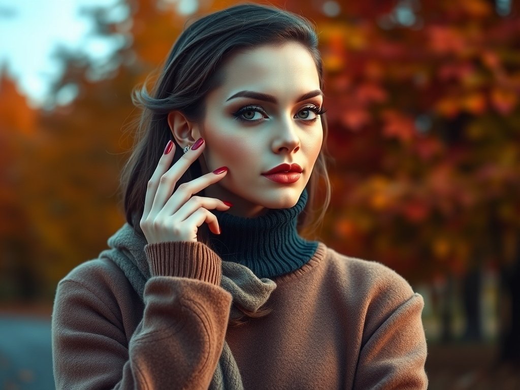 A fashion model showcasing her fall-inspired outfit and nail designs in an autumn setting.