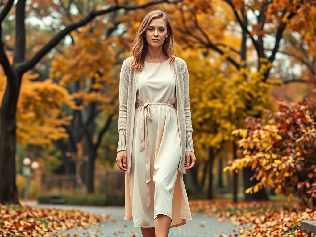Fashion model in a feminine A-line dress with a cardigan in an outdoor autumn setting.