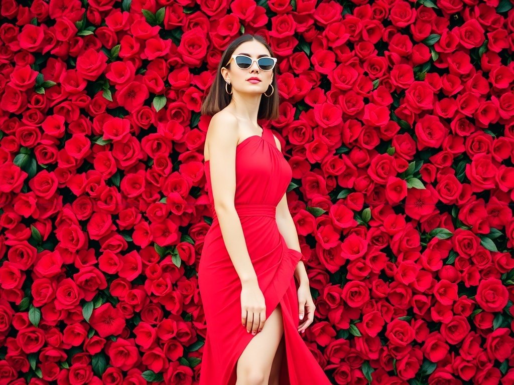 Model in a red dress posing in front of a colorful graffiti wall.