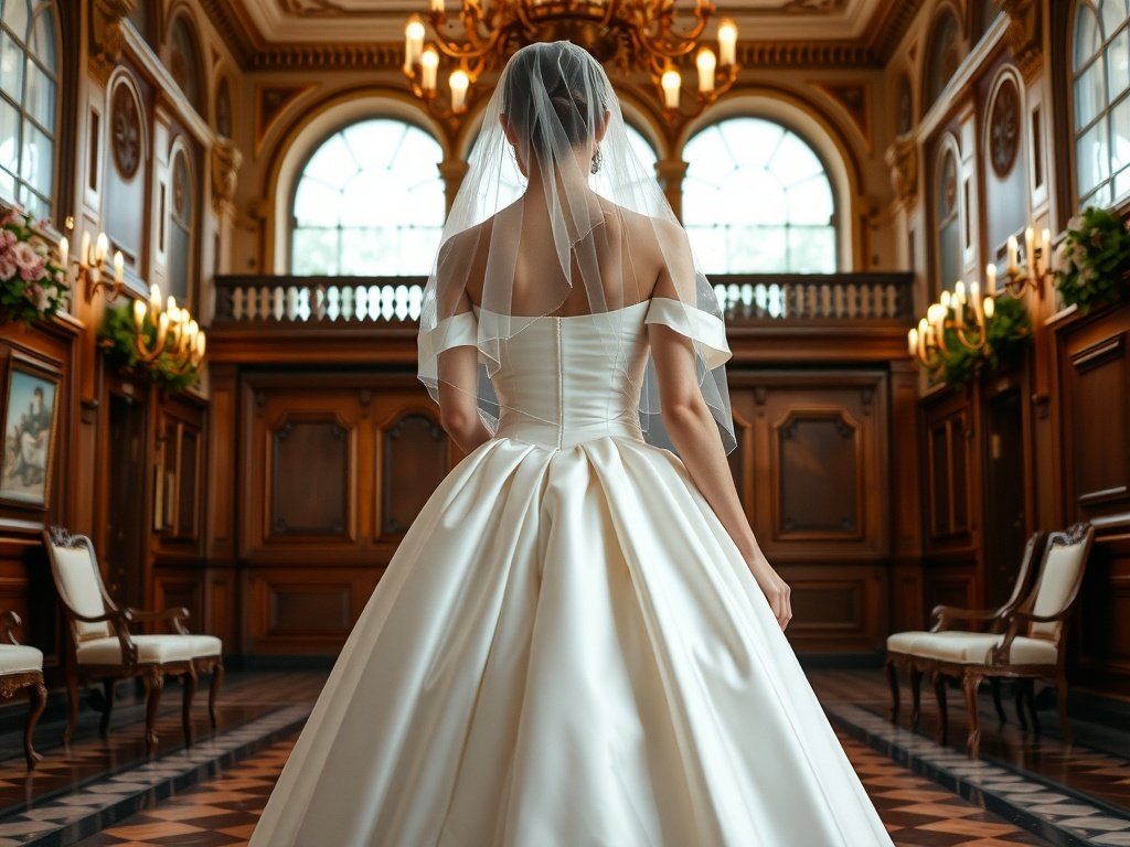 A model in a sophisticated sheath bridal dress with cap sleeves, walking in a vintage hall with wooden pews and stained glass windows.