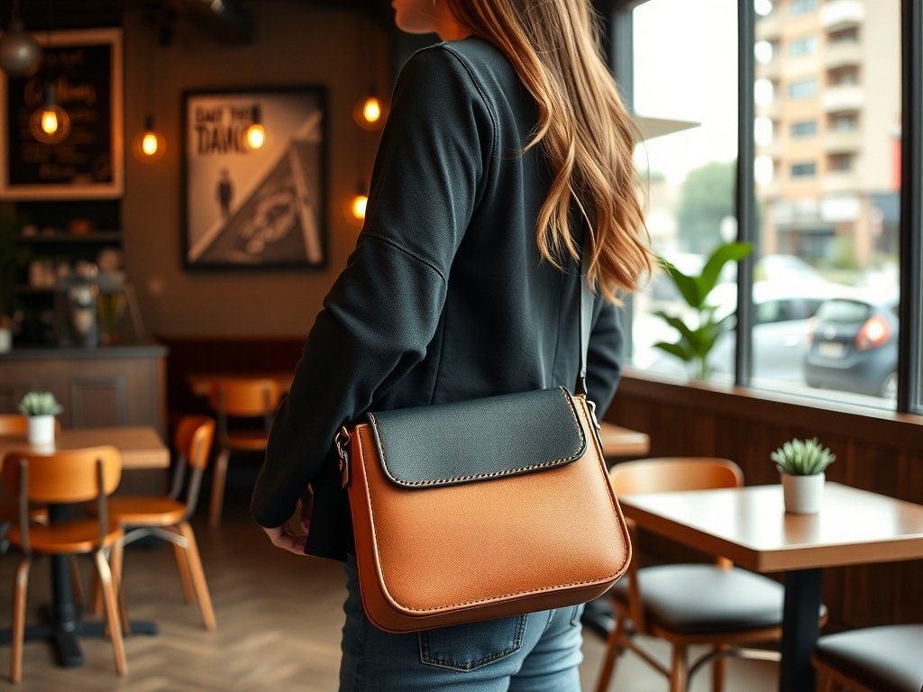 A woman wearing a color-blocked vegan leather crossbody bag in a cozy café setting.