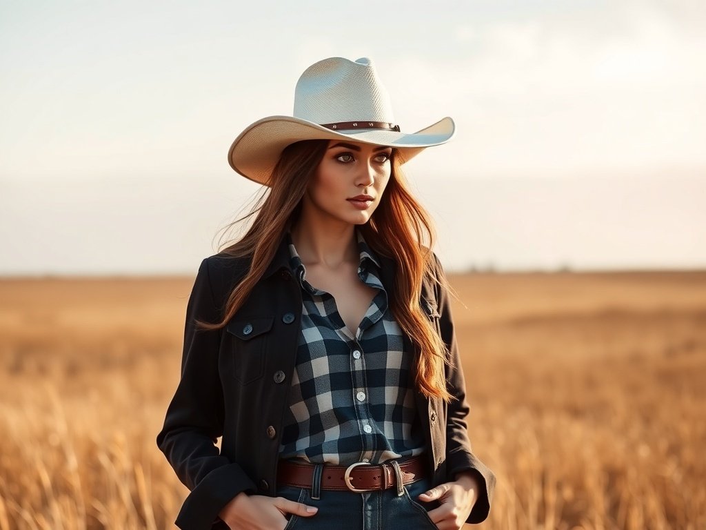 A fashion model wearing a cowgirl hat, plaid shirt, and fitted jacket in an autumn landscape.