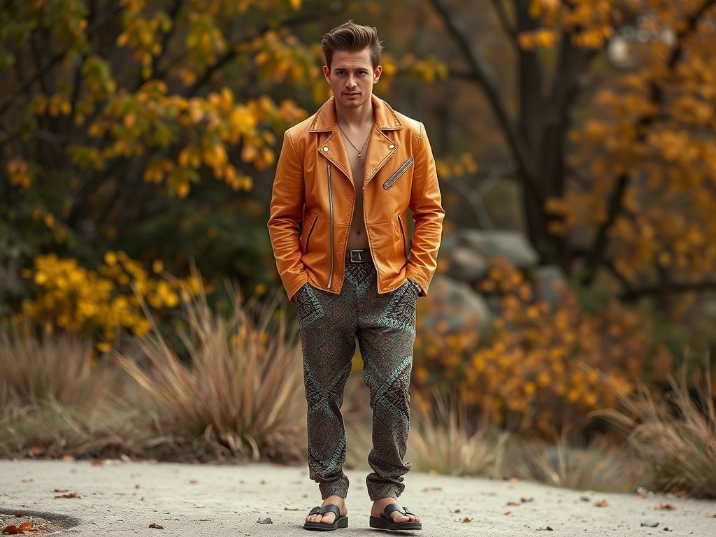 A man wearing a leather jacket and ethnic print pants, walking in a vibrant outdoor market.