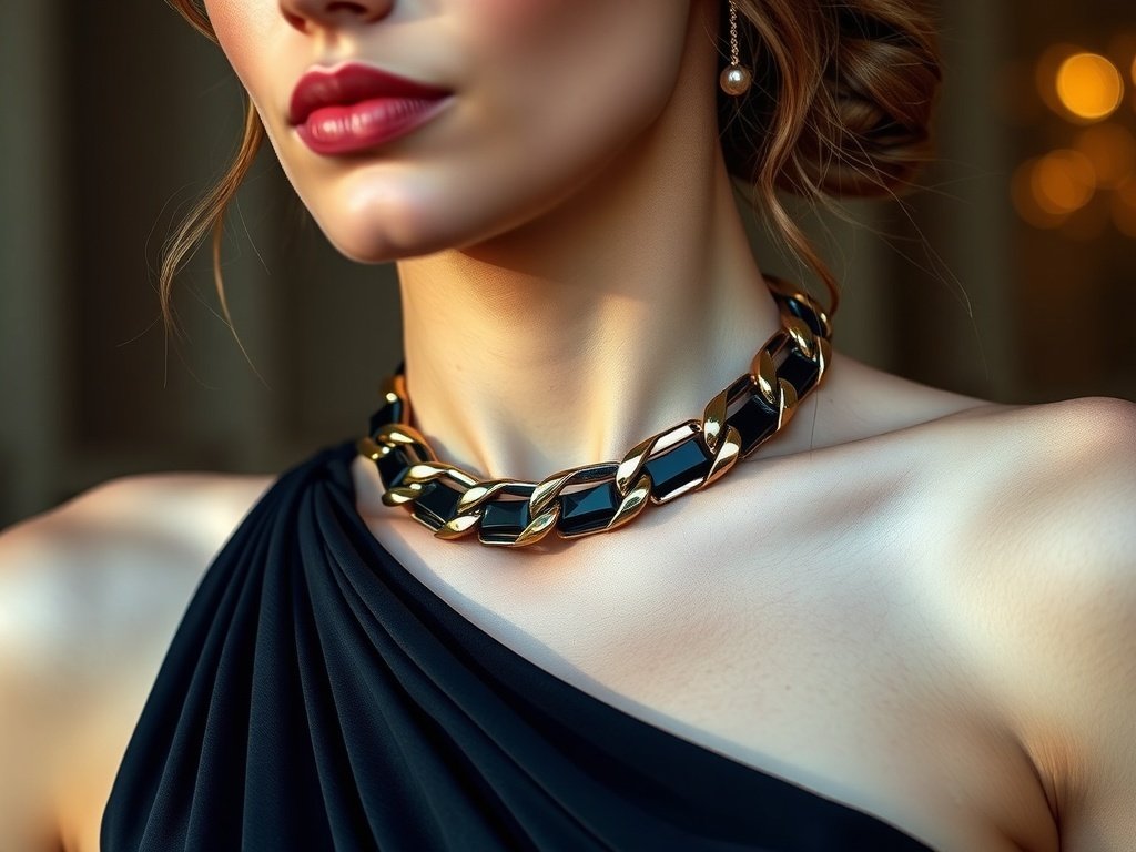 Close-up of a stylish model wearing a chunky gold choker necklace against a soft background.