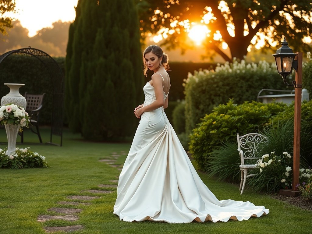 A bride in a structured silk wedding dress with a train, standing in a garden at sunset.