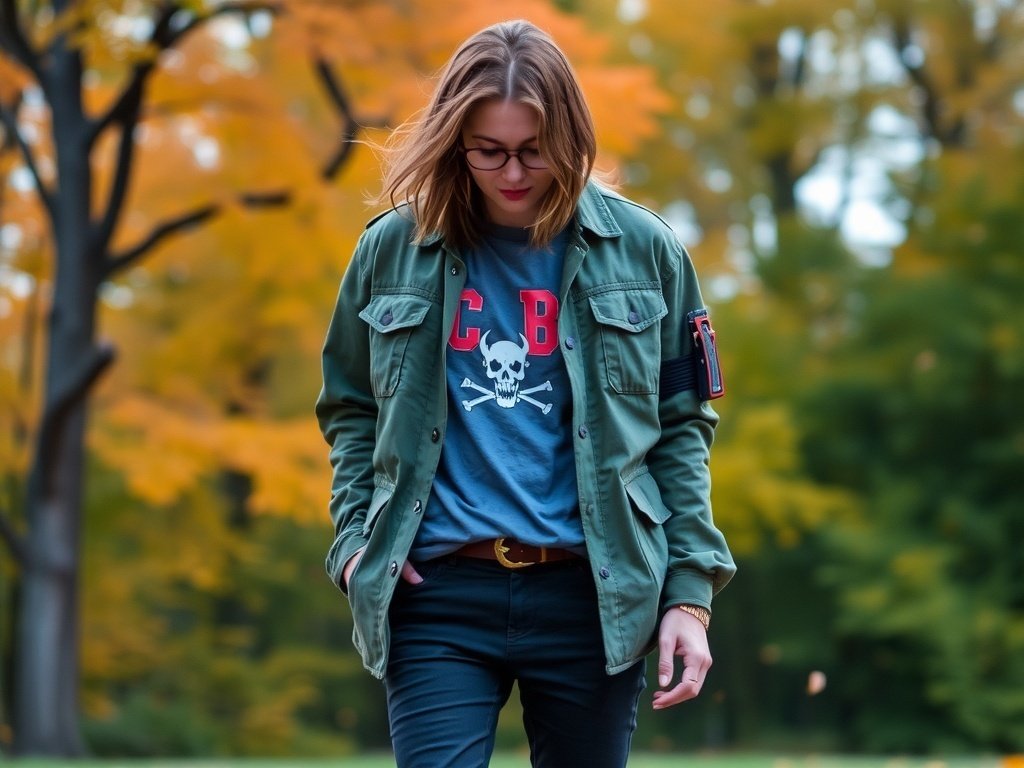 A person wearing a utility jacket over a graphic tee, set against a backdrop of autumn trees.