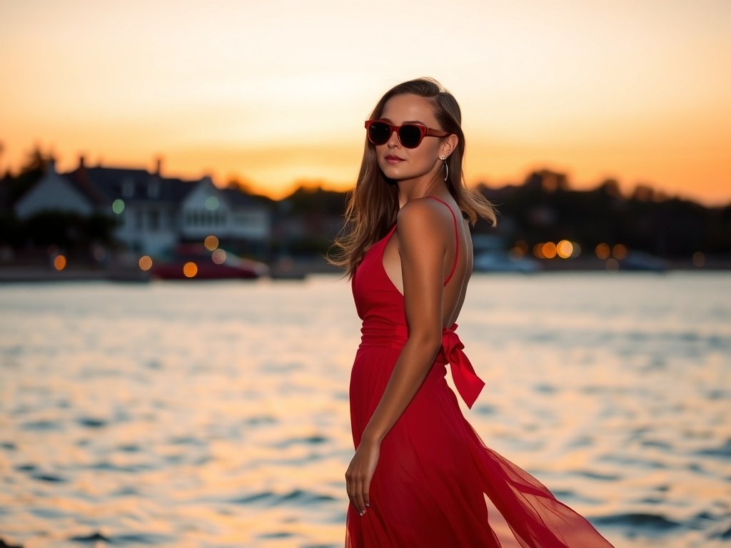 A model in a red dress sitting on a bed in a cozy indoor setting with warm lighting.