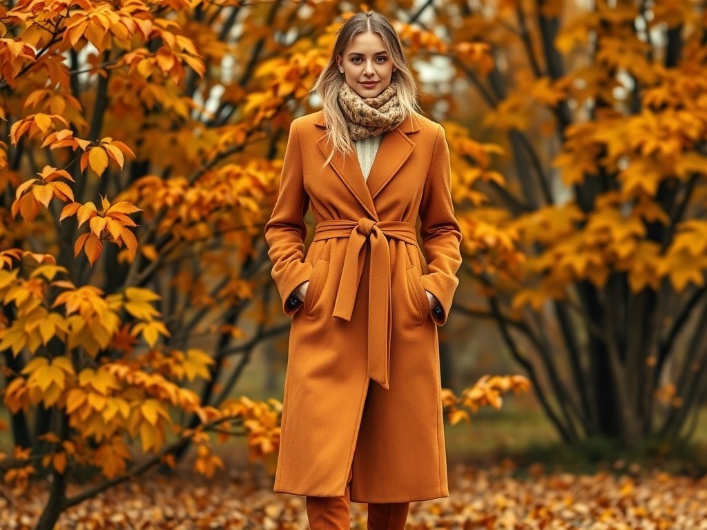 A fashion model wearing a refined belted coat in pumpkin spice color, paired with leggings, matching boots, and a scarf, surrounded by autumn foliage.