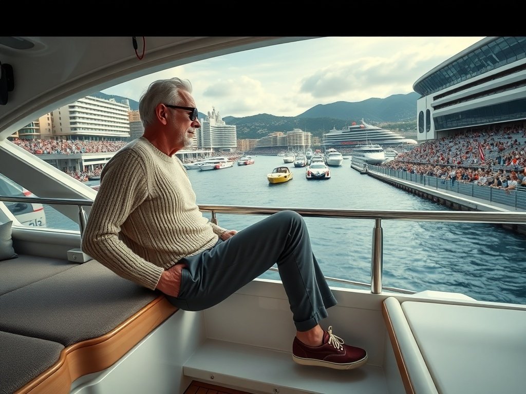 A man wearing a cashmere sweater and stylish shoes, sitting on a yacht with a view of the Monaco Grand Prix.