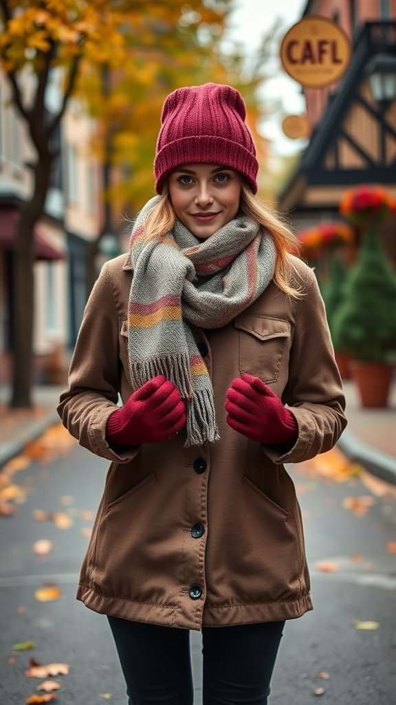 A woman wearing a brown jacket, striped scarf, red beanie, and red gloves, standing on a street with autumn leaves.