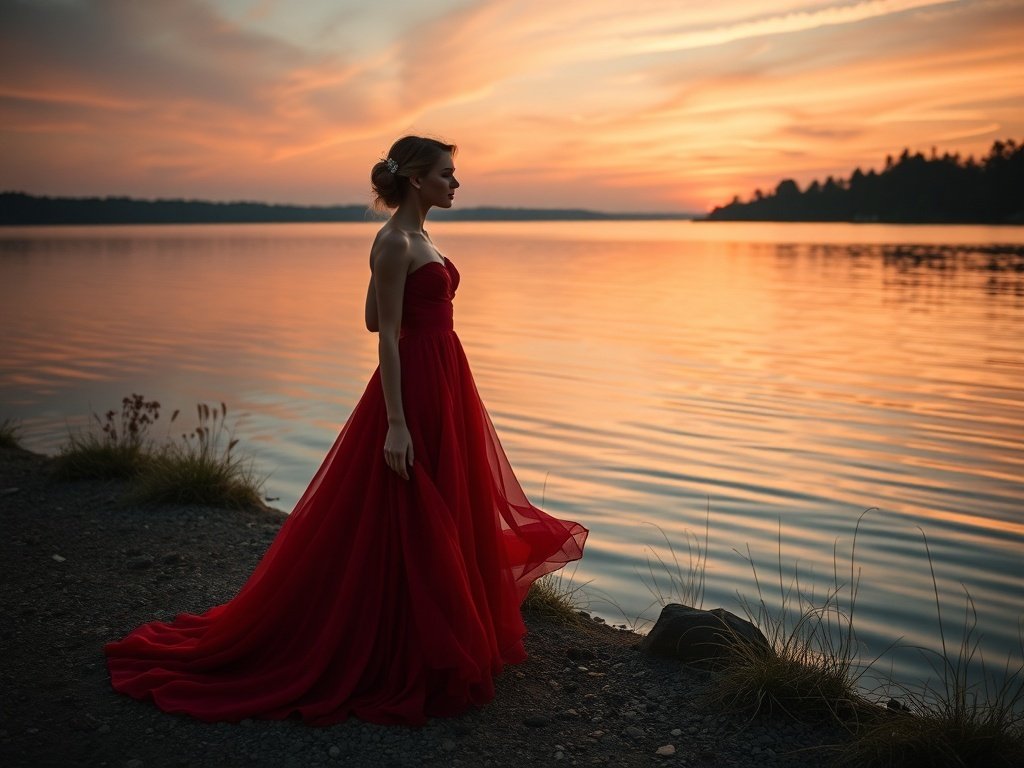 A model in a red dress standing by the water during sunset.