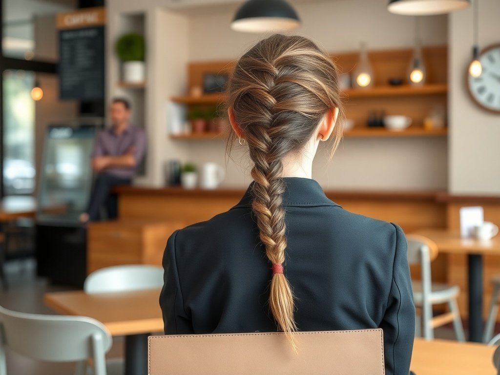 A woman with a chic braided ponytail seated in a café, showcasing a stylish and casual look.