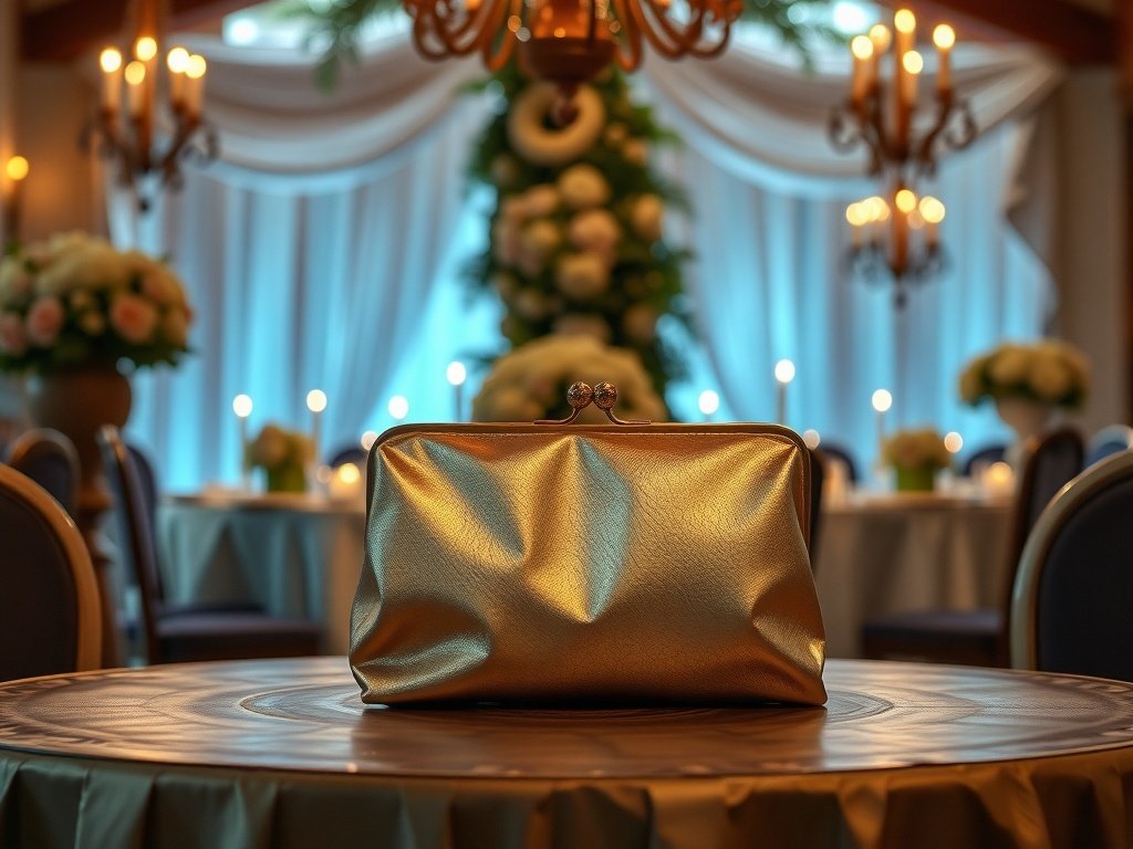 A structured metallic clutch on an elegantly set table with floral arrangements and soft lighting.
