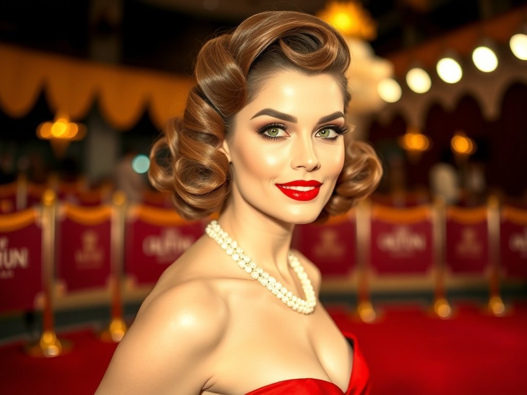 A woman with Old Hollywood side waves, wearing a glamorous outfit and pearl necklace at a red-carpet event.