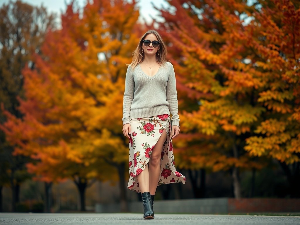 A fashion model wearing a v-neck sweater and floral wrap skirt, set against an autumn background.