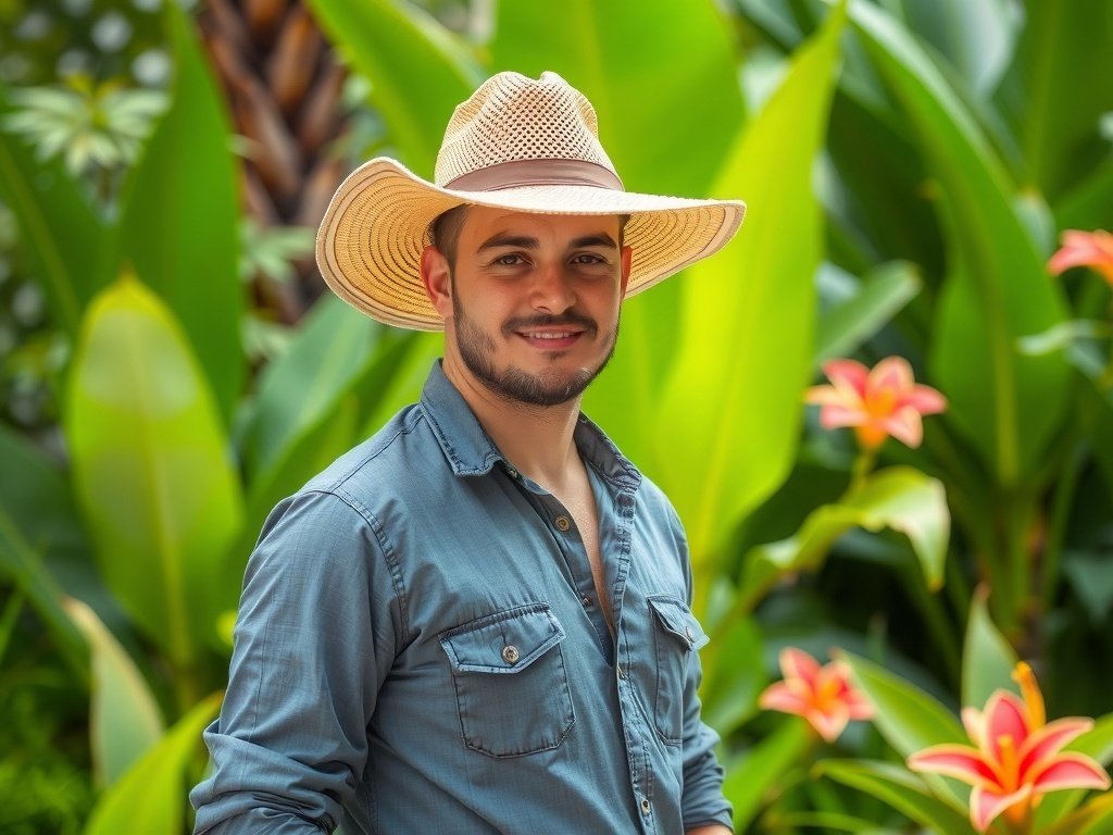 A model wearing a stylish sun hat and casual outfit, surrounded by tropical plants and flowers.