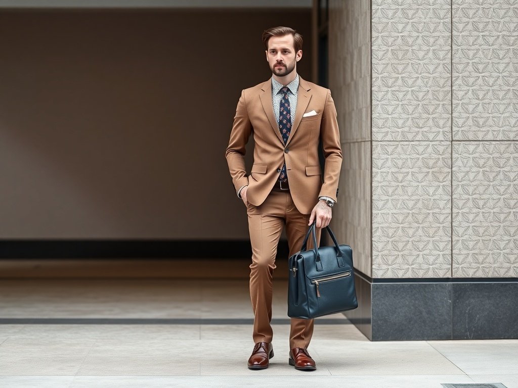 A businessman wearing a taupe suit with a patterned shirt, carrying a briefcase and computer bag, showcasing a stylish professional outfit.