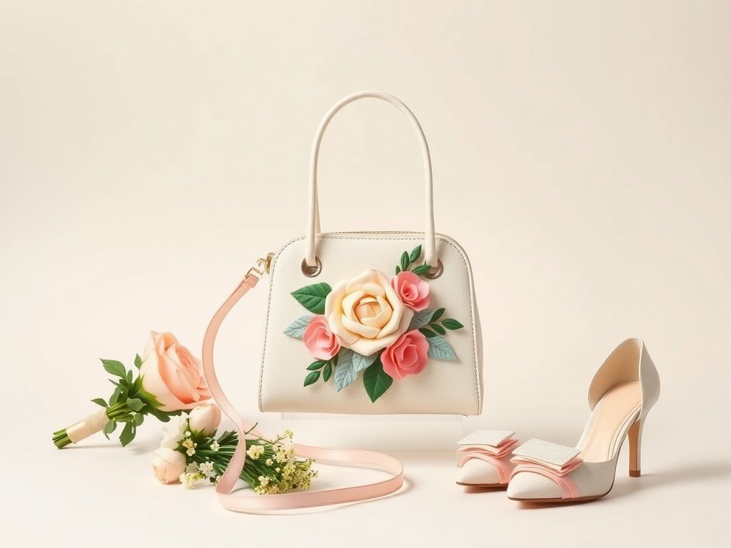 A floral appliqué handbag with a strap, styled with wedding heels and floral accents.