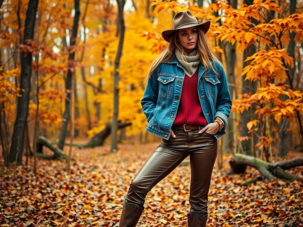 Model wearing a rustic denim jacket and layered sweaters in a fall background