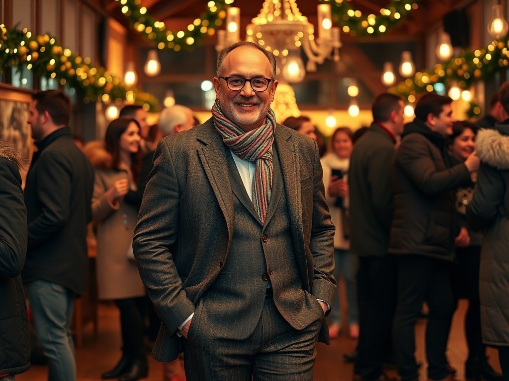 A man in a stylish winter suit with a scarf, smiling at a holiday gathering.