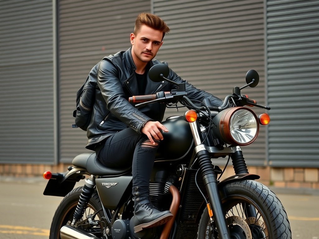 A man in a biker jacket and ripped jeans sitting on a motorcycle.