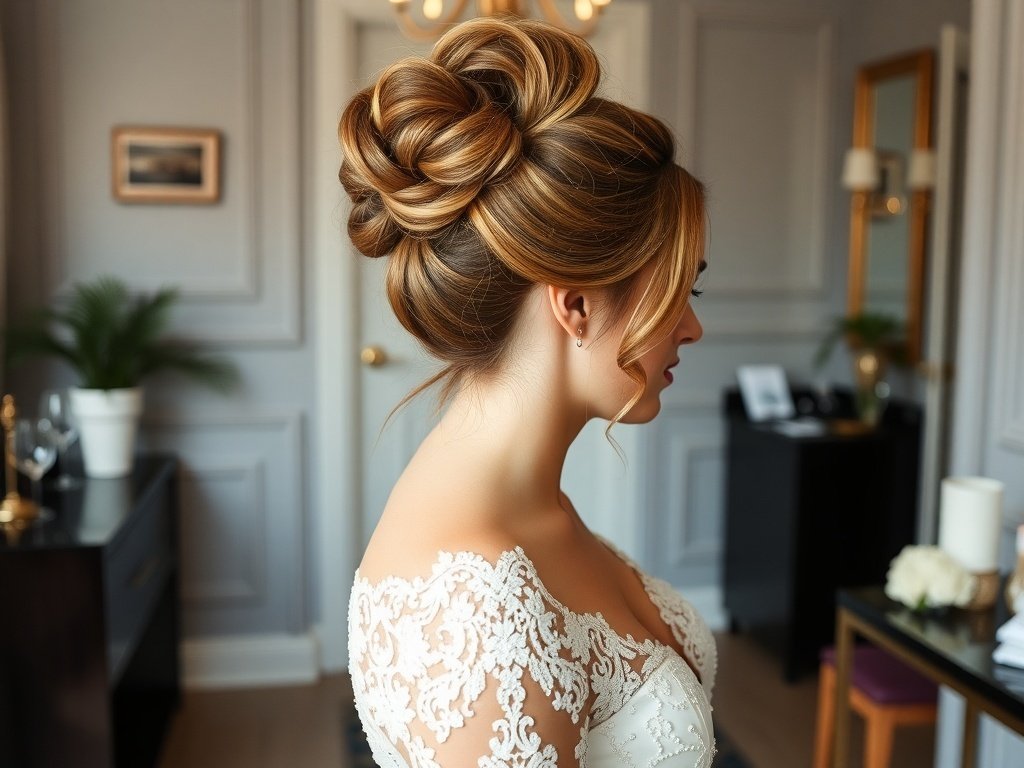 Bride with a high ponytail hairstyle featuring volume and waves, wearing a lace wedding dress.