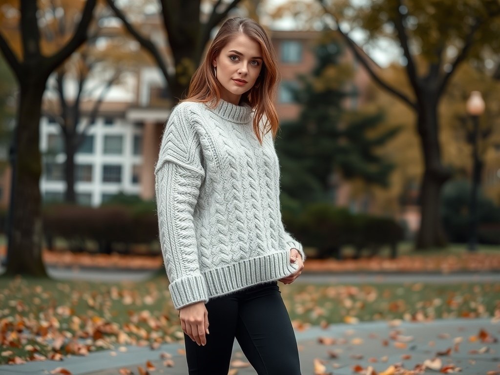 A fashion model wearing a chunky knit sweater and leggings, standing outdoors surrounded by autumn leaves.