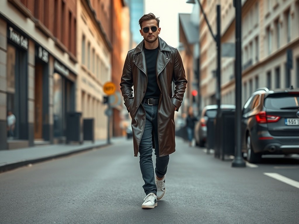 A man wearing a long leather trench coat, black t-shirt, jeans, and white sneakers, walking down a city street.