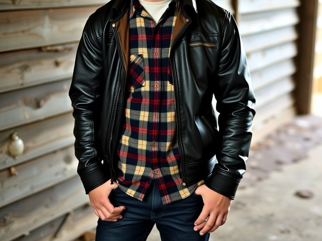 A vintage leather jacket worn over a flannel shirt, paired with jeans, in a rustic setting.