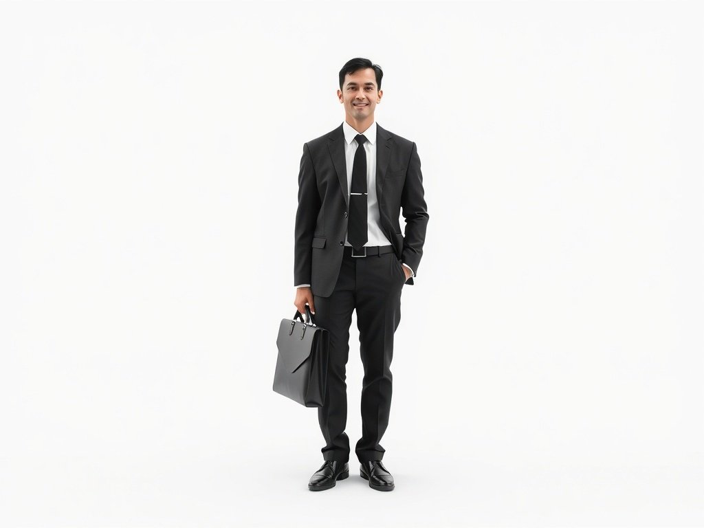A professional man in a black and white suit, holding a briefcase, standing confidently.