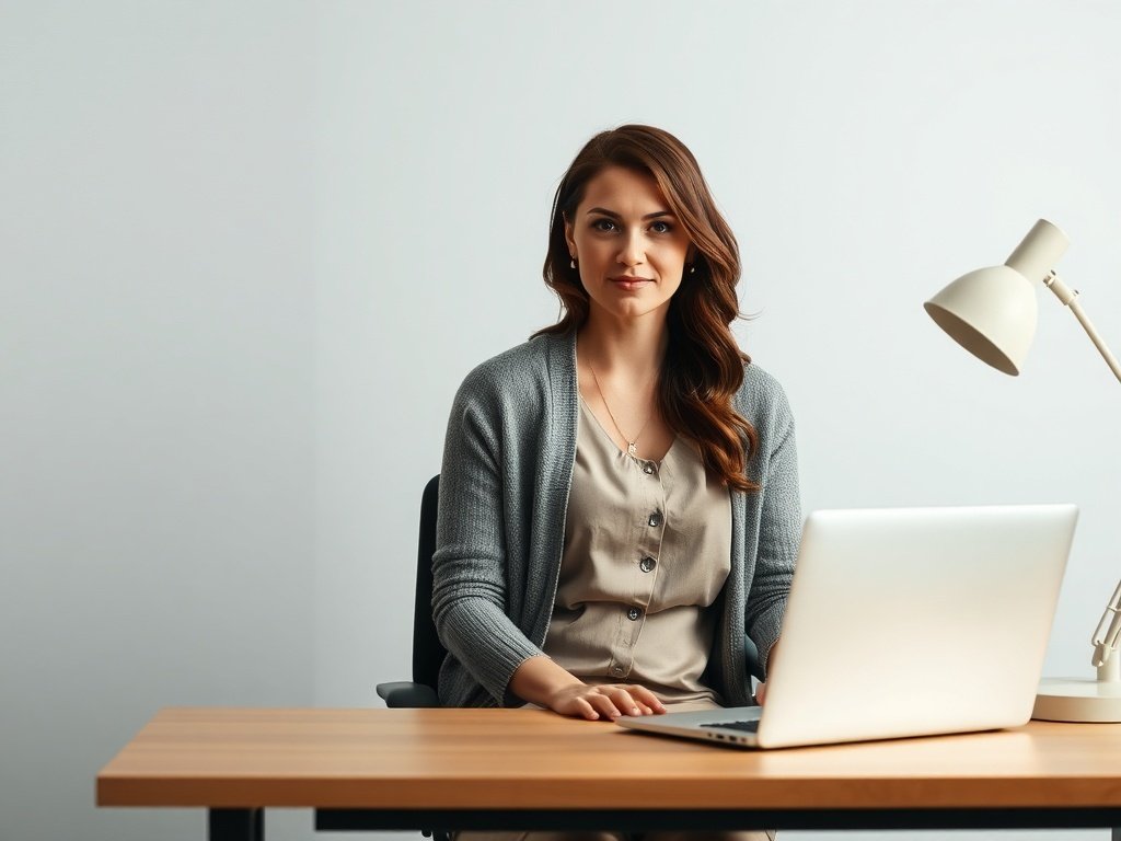 A woman in a smart casual dress with a cardigan sitting at a desk with a laptop.