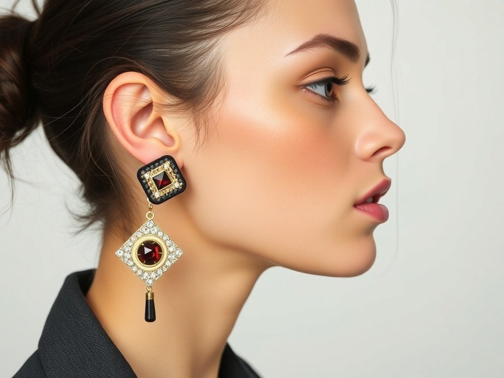A model showcasing mismatched statement earrings featuring bold geometric designs.