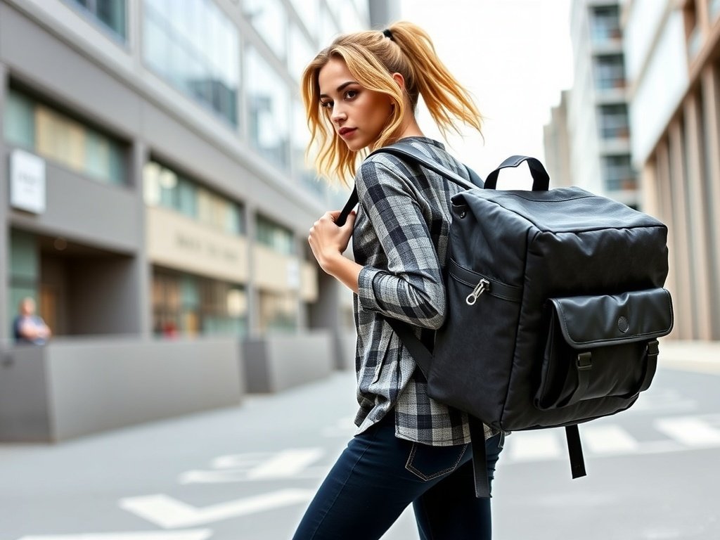 A woman walking in an urban setting with a convertible messenger-backpack hybrid bag.