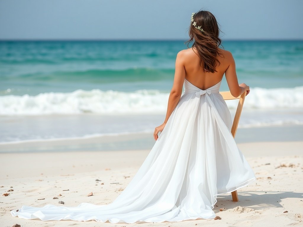 A woman in a short beach wedding dress with a train overlay, sitting on the sand with the ocean in the background.