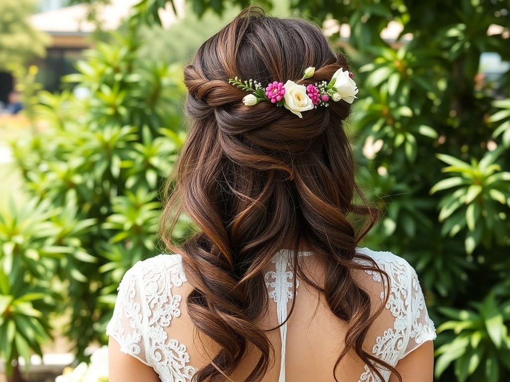 A bride with a boho half-up, half-down hairstyle featuring braids and floral accents.