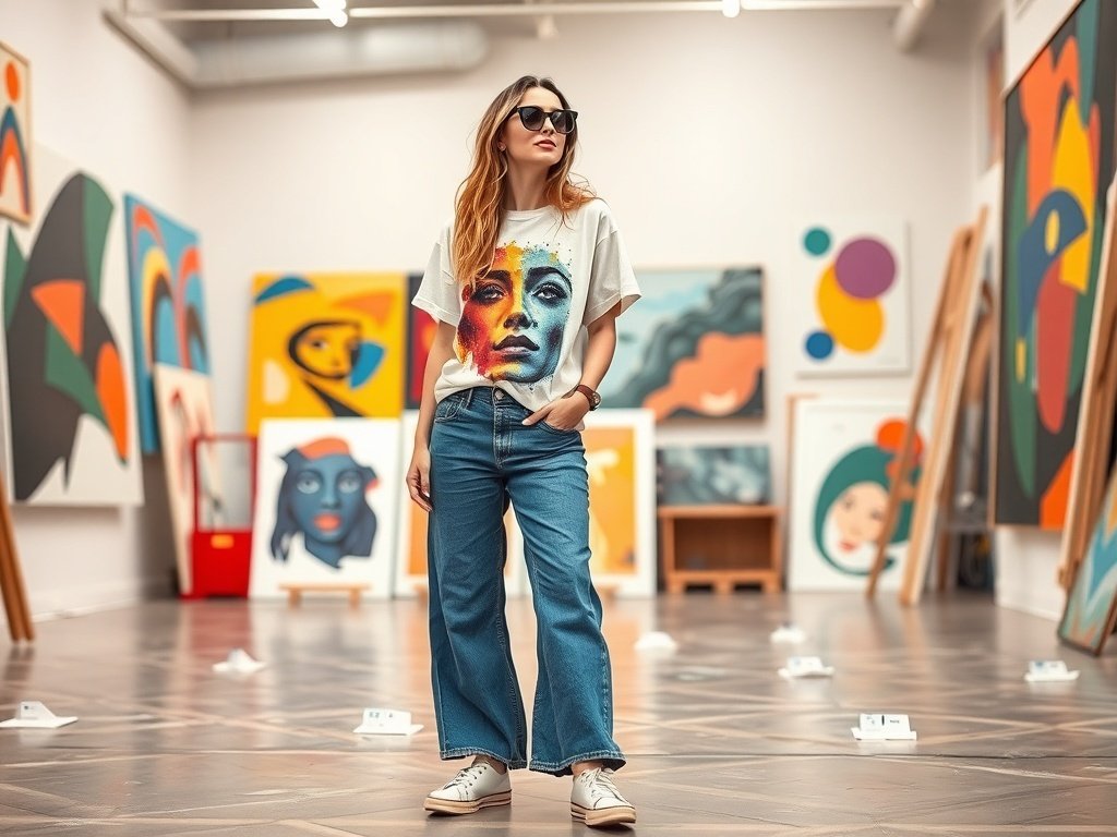A model wearing wide leg jeans and a graphic tee, accessorized with sunglasses and sneakers, standing in an artsy background.