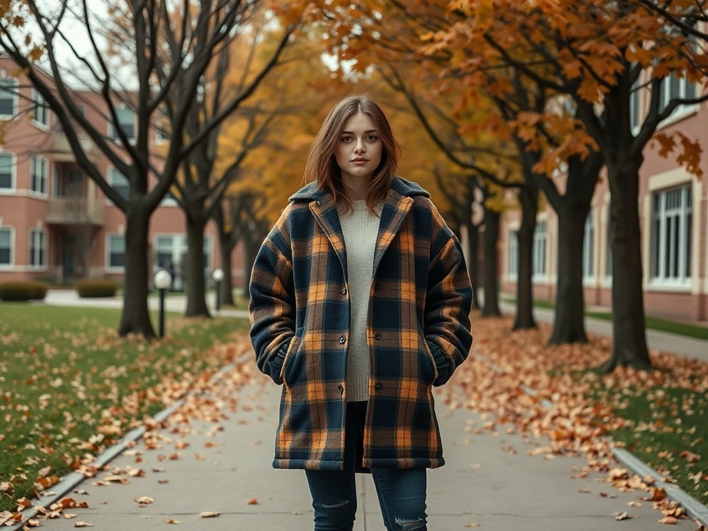 A model wearing a plaid oversized jacket in an autumn setting with fallen leaves.
