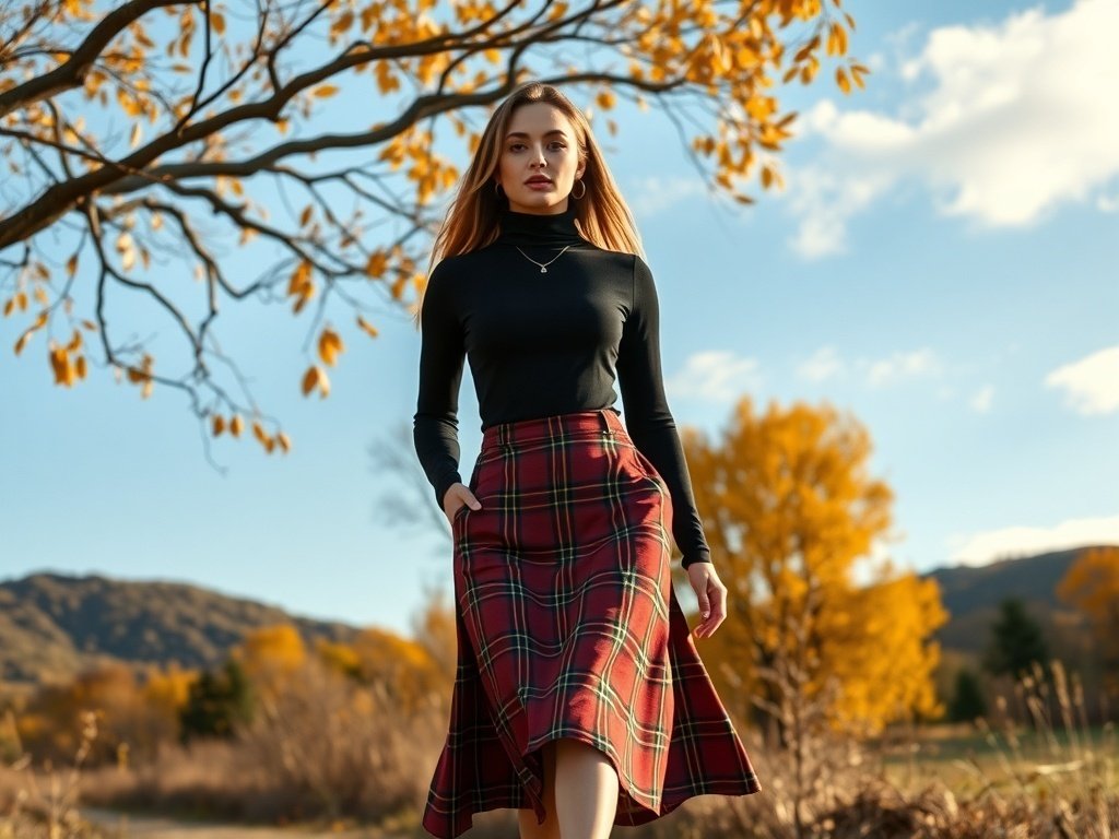 A model wearing a black turtleneck and a red plaid skirt in an autumn setting with golden leaves.