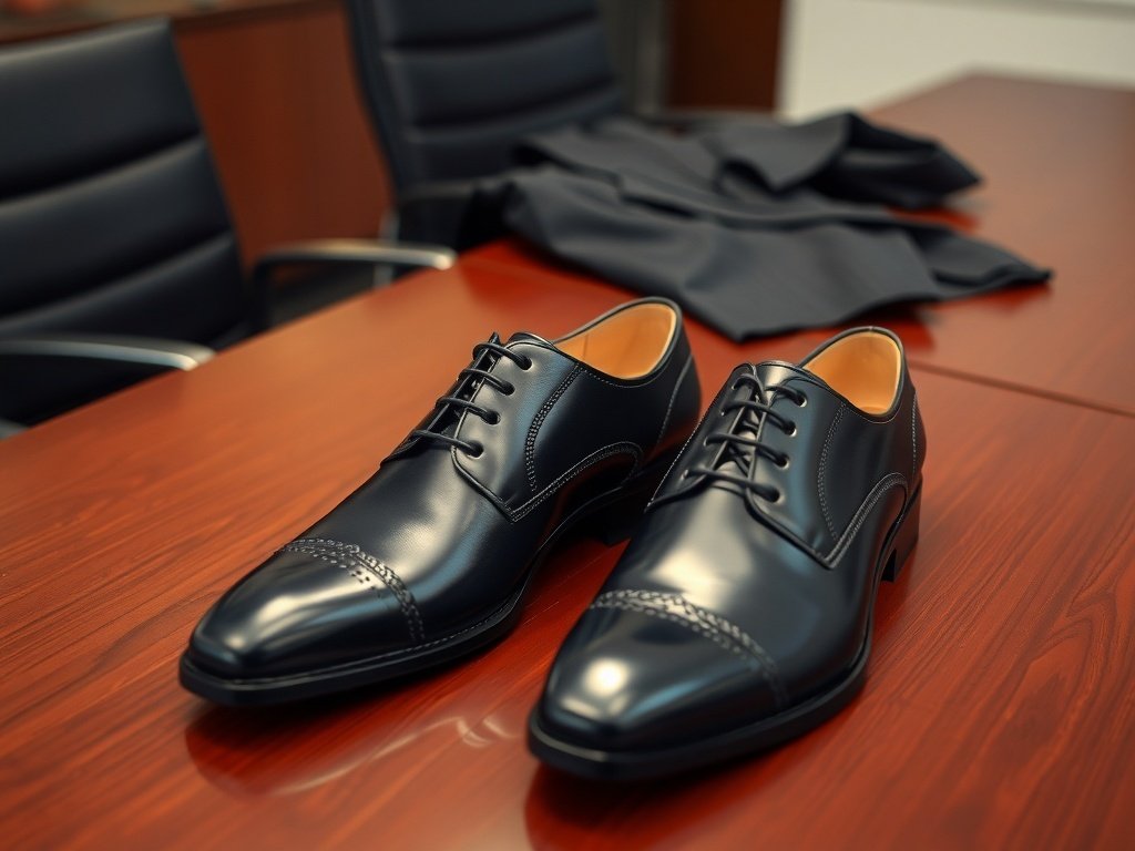 A polished black cap-toe dress shoe placed on a wooden table next to a tailored suit jacket, showcasing a professional setting.