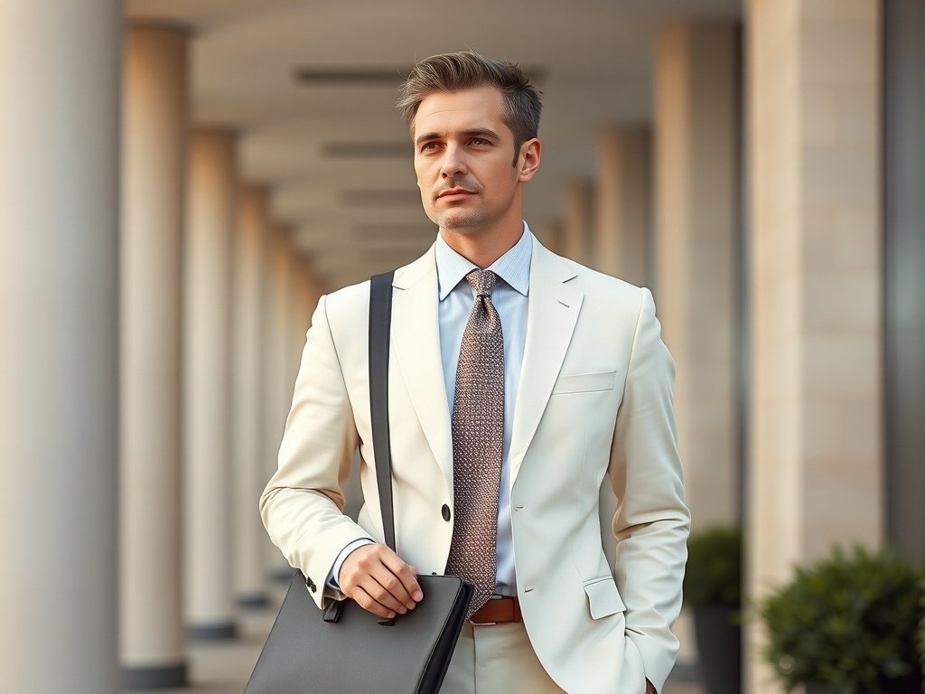 A businessman wearing a classic ivory suit with a taupe tie, holding a briefcase and wearing sunglasses.
