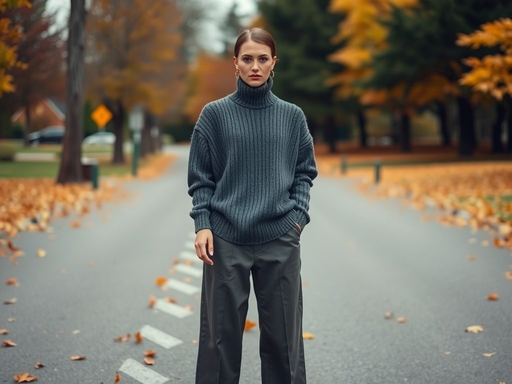 Fashion model wearing wide-leg trousers and an oversized sweater in an outdoor fall setting.