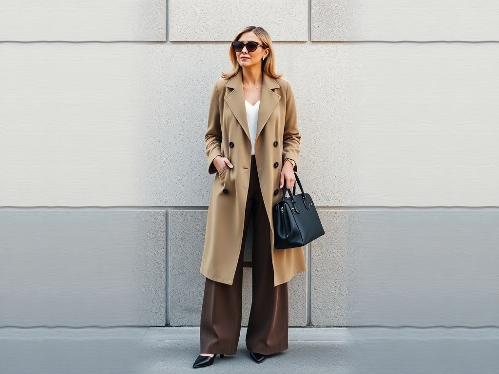 A woman in a tailored coat and wide-leg trousers, holding a handbag, showcasing a professional office outfit.
