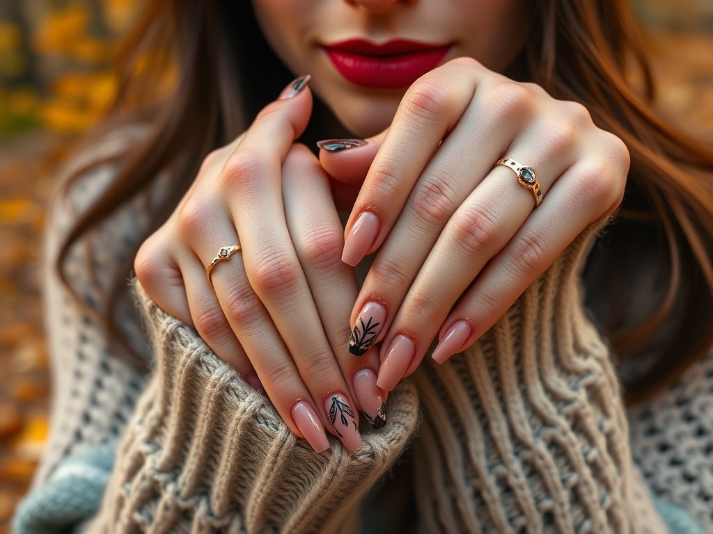 A model showcasing fall-inspired nail art with intricate designs in a picturesque autumn setting.