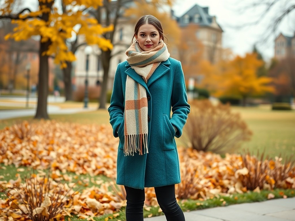 A fashion model wearing a teal wool blend coat, leggings, matching boots, and a scarf, standing in a park with autumn leaves.